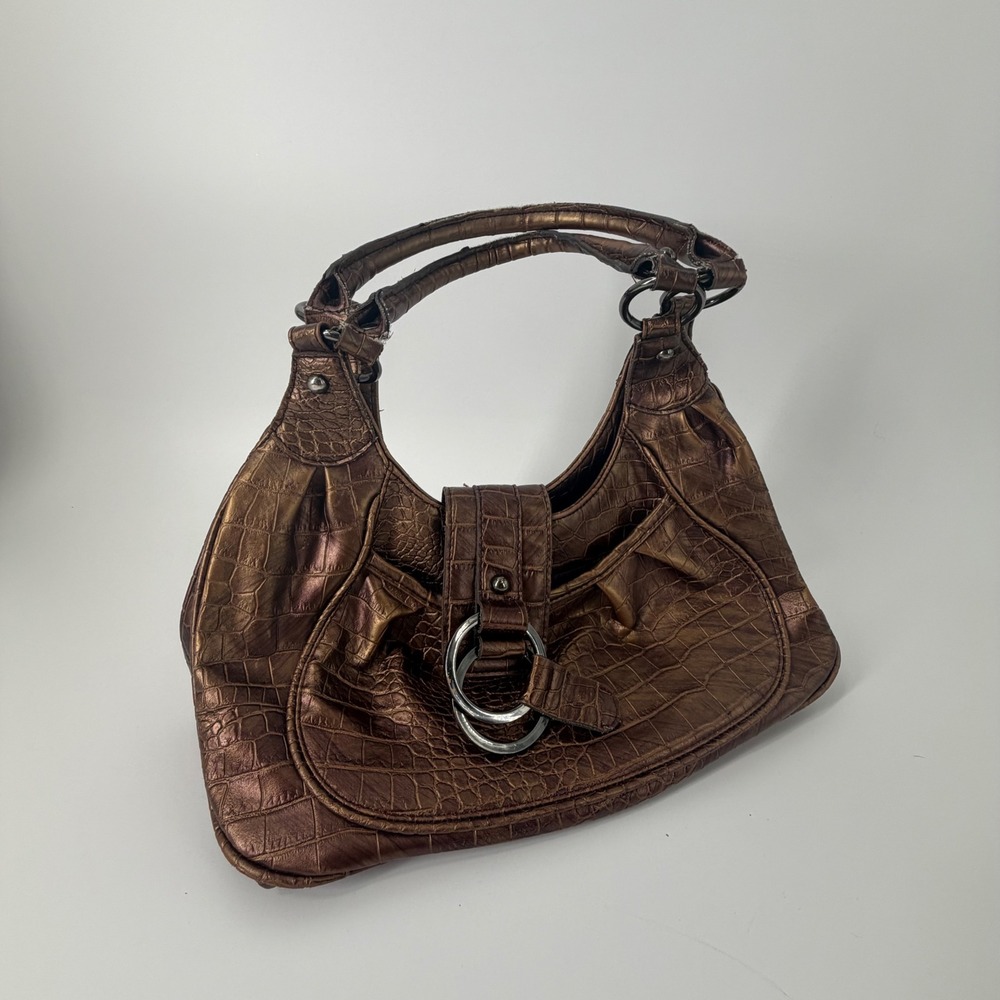 Y2K Mondani New York Bronze Metallic Croc Embossed Hobo Bag Purple Lining - Picture 7 of 8